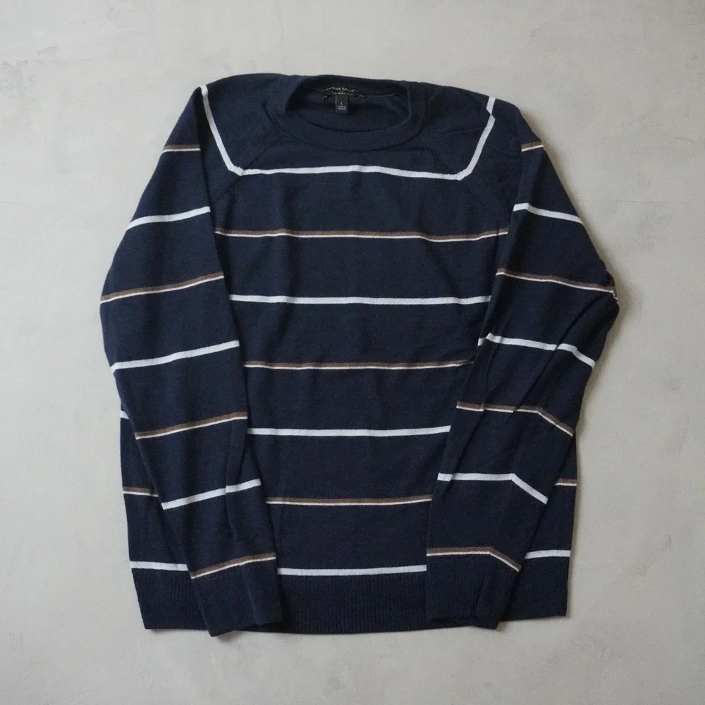 Banana Republic Merino Wool Sweater Large Mens Navy Blue Striped Crew Neck